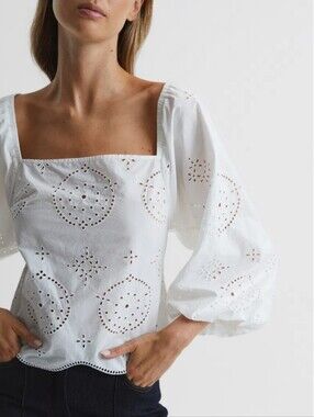 REISS Becci Embroidered Eyelet Blouse in White Size 6